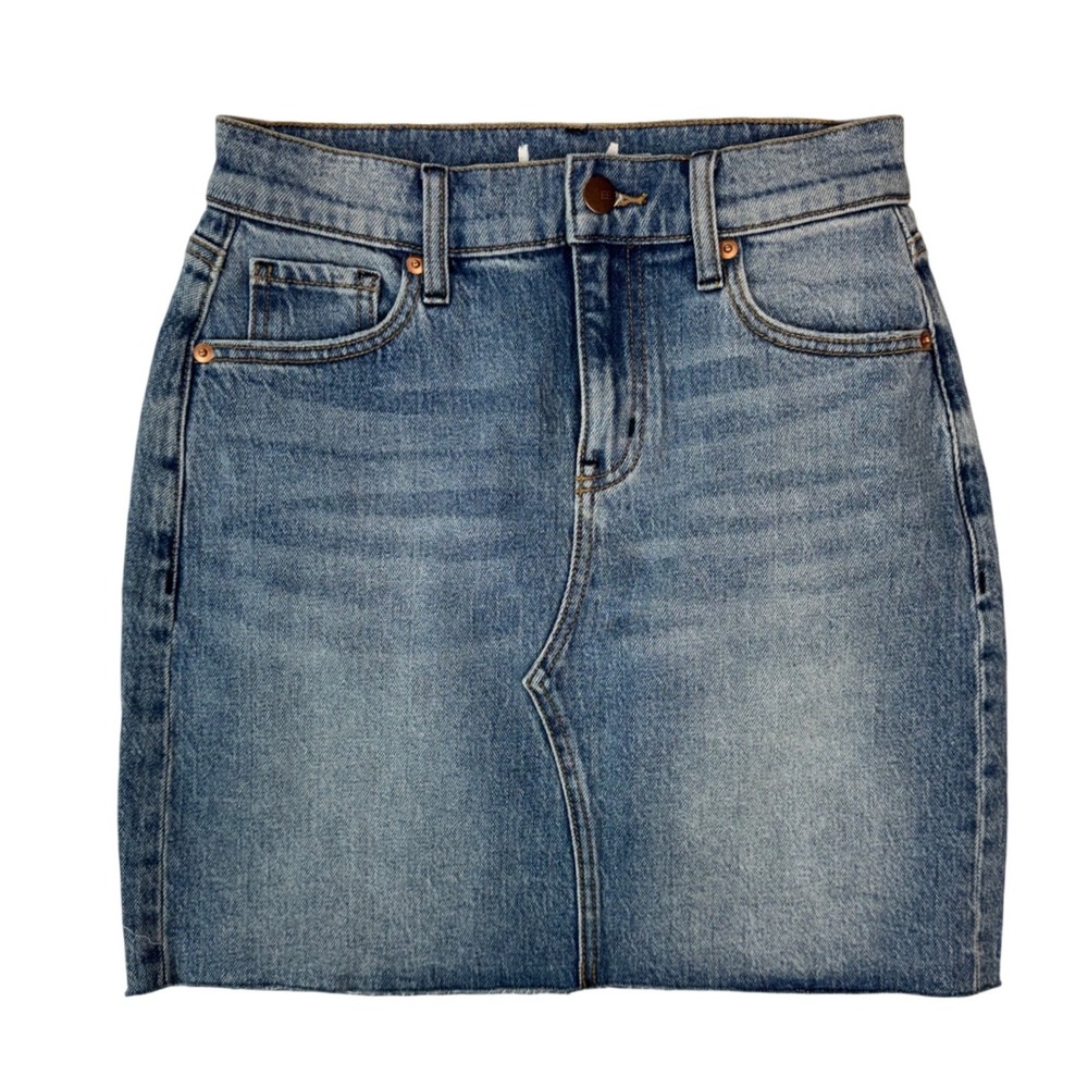 Evereve Salt Blue Denim Mini Skirt Raw Hem Size 24 ELA3336 Medium Wash Stretch